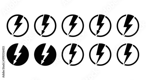 Set of black lightning bolt icons and electrical power symbols isolated on white