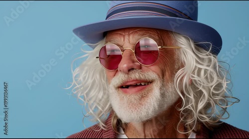 Elderly Caucasian man with curly white hair and pink sunglasses smiles and gestures playfully while wearing a stylish blue hat against a solid blue background