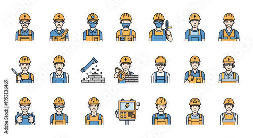 Set of construction worker and electrician icons wearing hard hats and safety gear