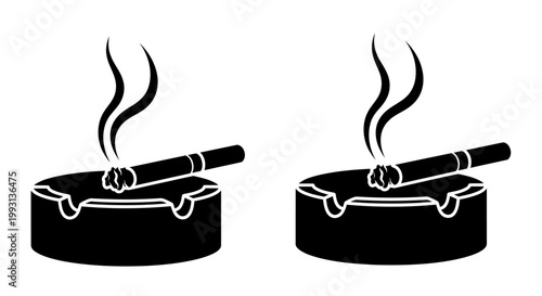Set of black ashtray icons with burning cigarettes and smoke on white background.