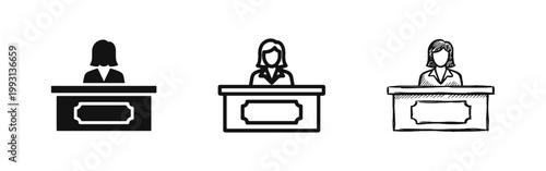 Woman Behind Desk Icon Set for Receptionist Information Desk and Secretary