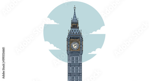 Illustration of Big Ben clock tower against a sky with clouds.