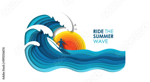 Surfer riding a wave during sunset with text "Ride the Summer Wave".