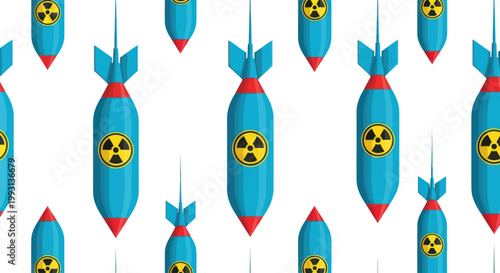 Seamless pattern of falling nuclear bombs with radiation symbols.