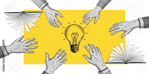 Teamwork Knowledge Sharing Concept with Hands Reaching Light Bulb and Books for Education Collaboration Vector Illustration Design Theme