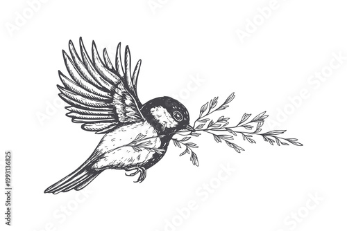 Flying bird holding plant branch in beak vector isolated illustration painted by black inks. Hand drawn sketch of chickadee for nature design. Wildlife, ecology, environment concept for decor