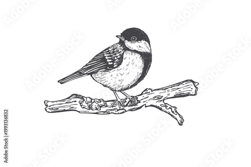 Small chickadee great tit perched on branch. Hand drawn wild songbird sketch isolated illustration. Titmouse bird vintage style wildlife art for nature decor and print design. Simple ink drawing.