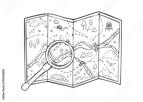 Magnifying glass over sketched paper map vector isolated illustration painted by black inks. Exploration of wild nature landscape with forest, river, bird. Travel, adventure, and discovery concept