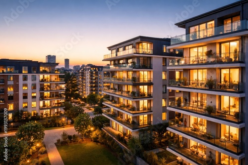 Modern Residential Apartment Buildings at Sunset with Illuminated Windows
