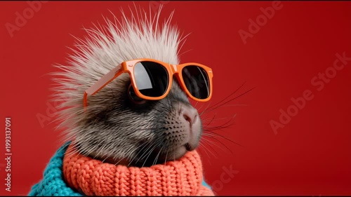 Porcupine wearing orange sunglasses and colorful knitted scarf poses against a bright red background, showcasing its unique style and playful demeanor in a series of frames