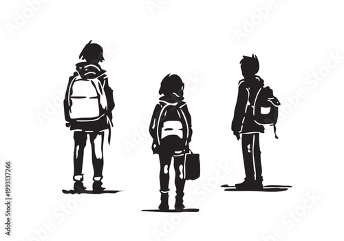 少年少女の後ろ姿のモノクロのシルエット