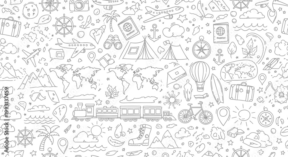 Fototapeta premium Travel icons, landmarks, transportation doodles, world map illustrations, vacation symbols