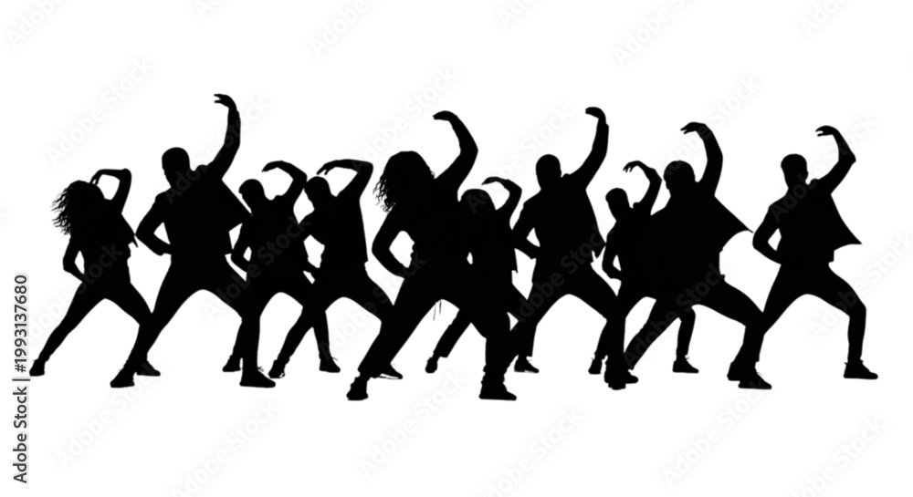 Fototapeta premium Dynamic group of silhouetted dancers performing energetic synchronized movements together isolated on transparent background, Vector