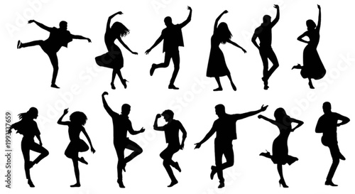 Dynamic silhouettes of dancers performing energetic and varied movements in mid-air isolated on transparent background, Vector