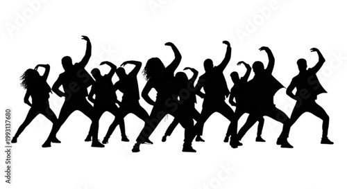 Dynamic group of silhouetted dancers performing energetic synchronized movements together isolated on transparent background, Vector