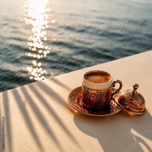 Coffee cup on table by sea in golden sunset light