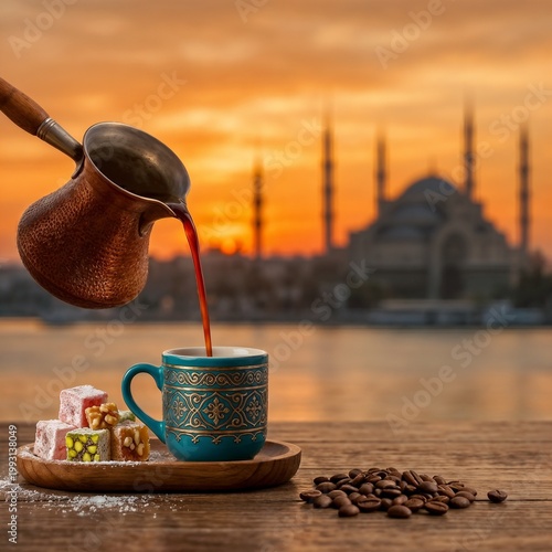 Turkish coffee pouring into cup at sunset mosque background