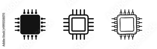 CPU Microchip and Processor Icon Set in Solid, Outline, and Hand-Drawn Styles for Computing Technology