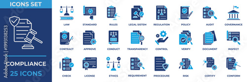 Compliance icon set collection in Flat blue solid style, an icon pack contain regulation, law, policy, audit, transparency, document, ethics, justice, legal, quality and risk. Vector Illustration.