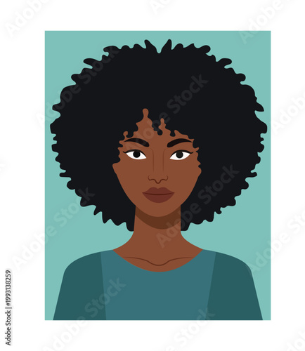 Flat vector illustration of a beautiful young african american woman with a large afro hairstyle on a green background