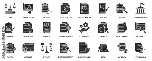 Compliance icon collection set. with icon justice, law, audit, policy, regulation, contract, ethics, certify, document,  approve and more. Glyph solid style vector illustration. 