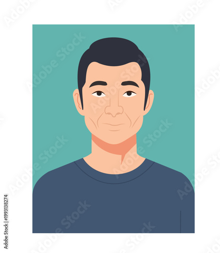 Flat vector illustration of a middleaged man with short dark hair wearing a blue tshirt on a green background