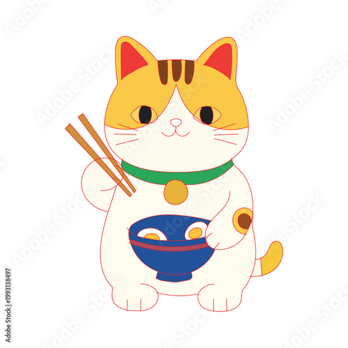 Cute cartoon lucky cat holding a bowl of ramen noodles, japanese maneki neko illustration, vector graphic design