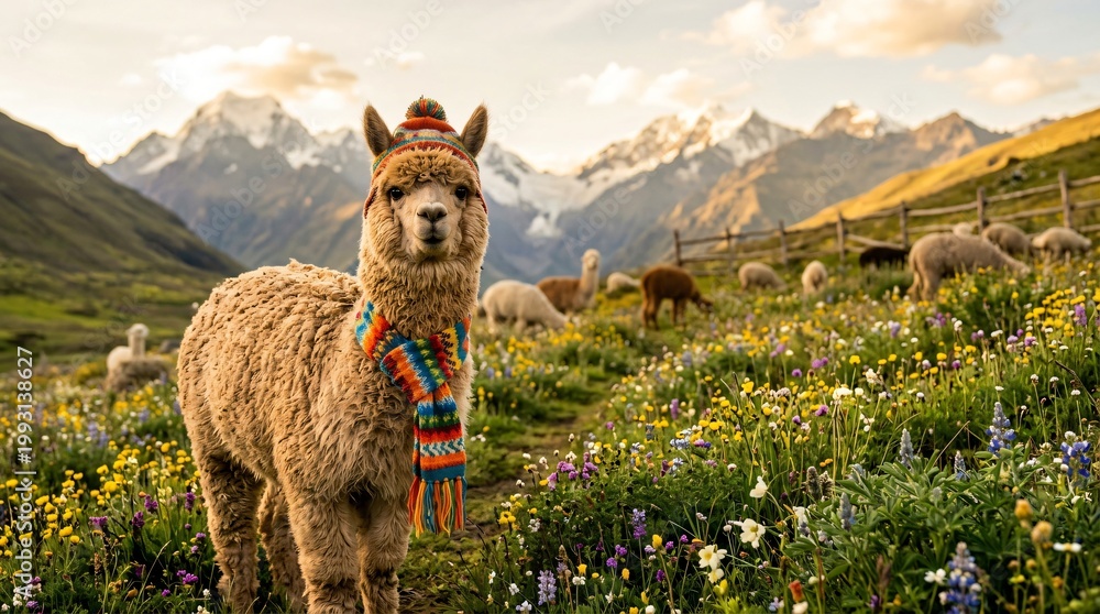 Naklejka premium Adorable Peruvian Alpaca Wearing Colorful Knitted Hat and Scarf Posing in a Vibrant Mountain Landscape with Wildflowers at Golden Hour