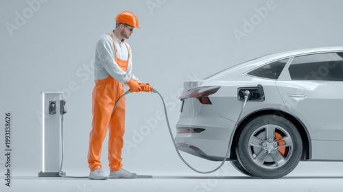 man refueling car, holding pump nozzle, clean and minimal background, ultra realistic detail, 8k