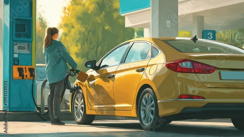 woman refueling her car at a modern gas station, driver out of the vehicle, clear and tidy surroundings, realistic lighting