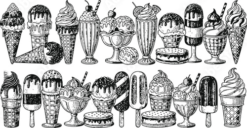 A diverse collection of hand-drawn ice cream desserts and treats in a vintage sketch style