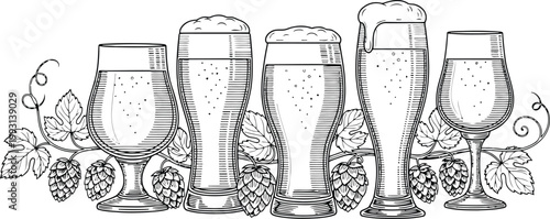 Assorted Beer Glasses with Hops and Vines in a Sketchy Style
