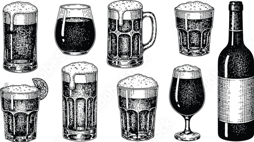 Assortment of Frothy Beer Glasses and Bottle in Detailed Engraving Style