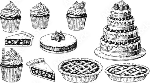 Assortment of Hand Drawn Desserts Including Cakes Cupcakes and Pies on White
