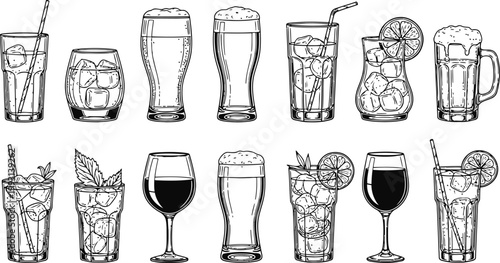 Assortment of Hand-Drawn Alcoholic and Non-Alcoholic Beverages with Ice and Garnishes in Various Glassware