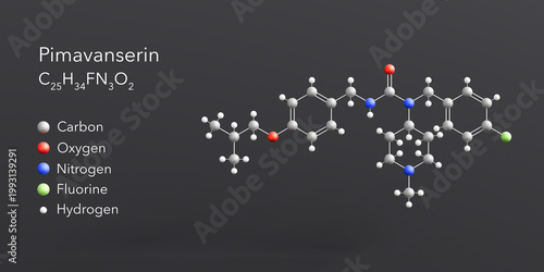 Fotografija pimavanserin molecule 3d rendering, flat molecular structure with chemical formu