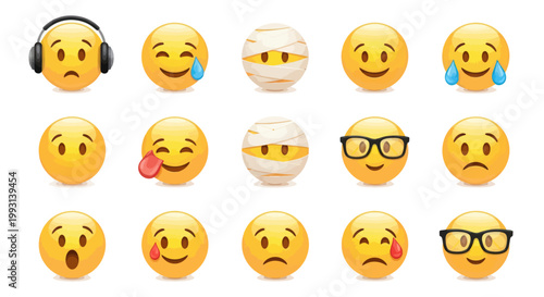 Collection of diverse emoji faces with various emotions.