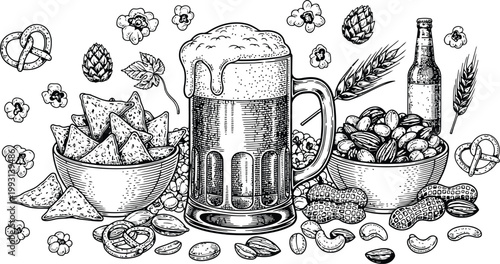 Beer mug with hops and snacks in vintage engraving style