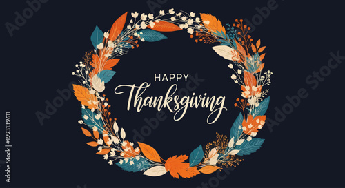 Happy Thanksgiving greeting card with decorative autumn leaf wreath on dark background