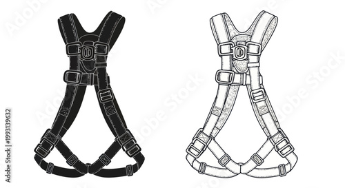 Vector illustration of a climbing safety harness in silhouette and line art style.