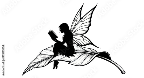 Silhouette of a magical fairy sitting on a leaf and reading a book
