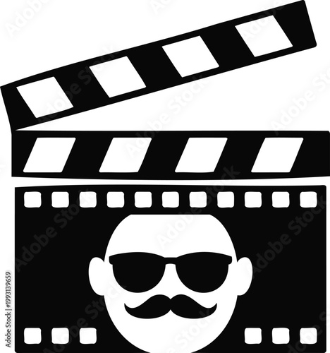 Film clapper board with smiling face and sunglasses  movie production icon