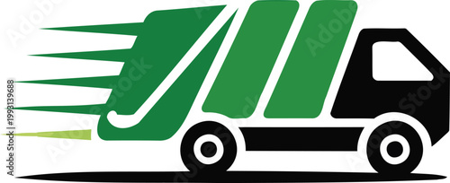 Green and black delivery truck speeding with motion lines  side view  fast transport