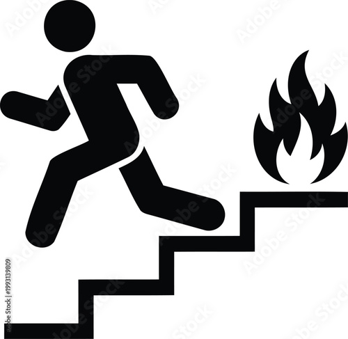 Man running down stairs with fire on step  emergency exit sign