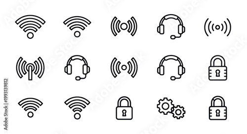 Set of icons representing wireless signal, headphones, and security.
