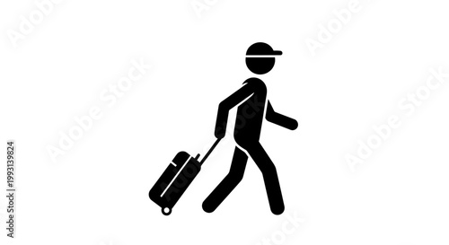 A single black icon of a person wearing a hat and pulling a suitcase, depicted in a simple style against a white background, representing travel or transportation in a most complete and