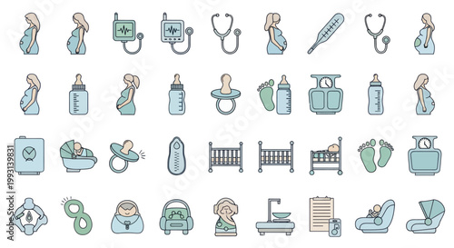 Baby care and maternity icons set
