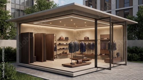 Modern boutique showroom with glass walls, mannequins in suits, shirts, and ties, wooden platforms, shelves of accessories, warm lighting, and elegant upscale design.
