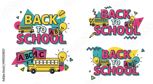 Set of back to school banners with school bus and education elements