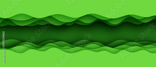 Paper cut border featuring 3D slime abstract background layered green waves. Abstract layout design template for eco brochure or environment flyer. Papercut banner carving waving layered vector shape.
